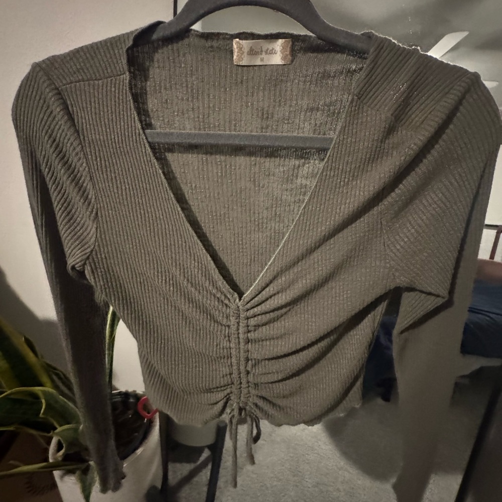 Olive Green Ruched V-Neck Top